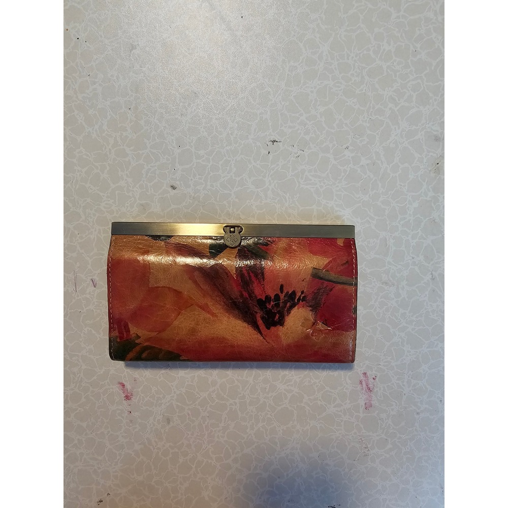 Patricia Nash Floral Leather Slim Frame Clutch Wallet Red Orange Brass Hardware